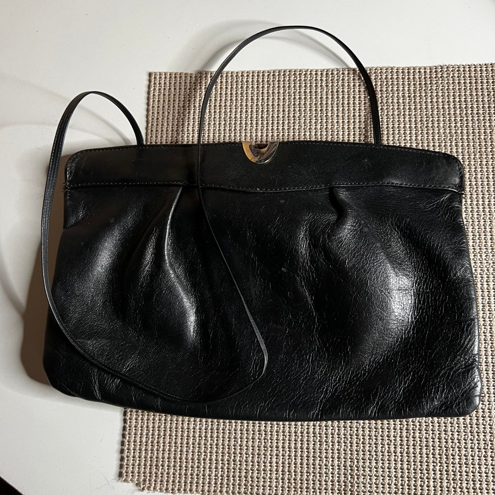 Vintage 1960s Black Leather Convertible Clutch Shoulder Bag Silver Hardware